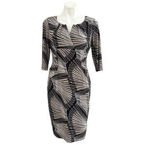 Adrianna Papell Black Beige Abstract Print Sheath Dress, Pleated Details Size 10